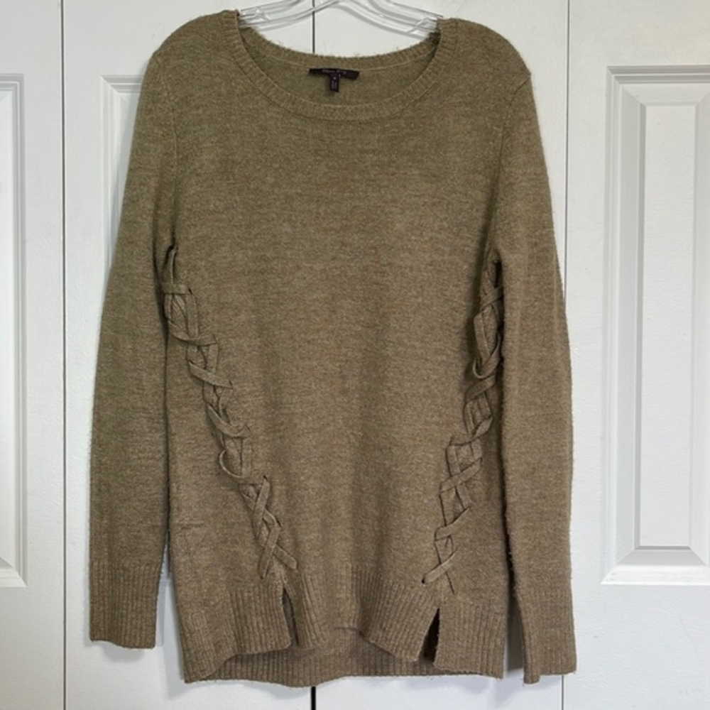 Olivia Sky Women Knit Sweater Pullover Lace Up Side Tan Size M